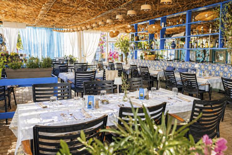 summer garden with tables and blue interior at Aristo restaurant